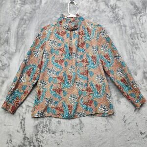 Vintage Classic Collection Top Womens 10 Tan Blue Floral High Neck Long Sleeves